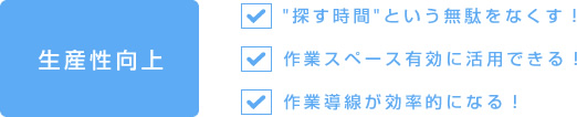 生産性向上　探す時間という無駄をなくす！　作業スペース有効に活用できる！　作業導線が効率的になる！